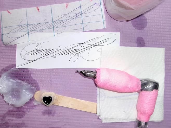Valentinas Arbeitsplatz: Kalligrafie-Stencils und die pink umwickelte Tattoo-Maschine